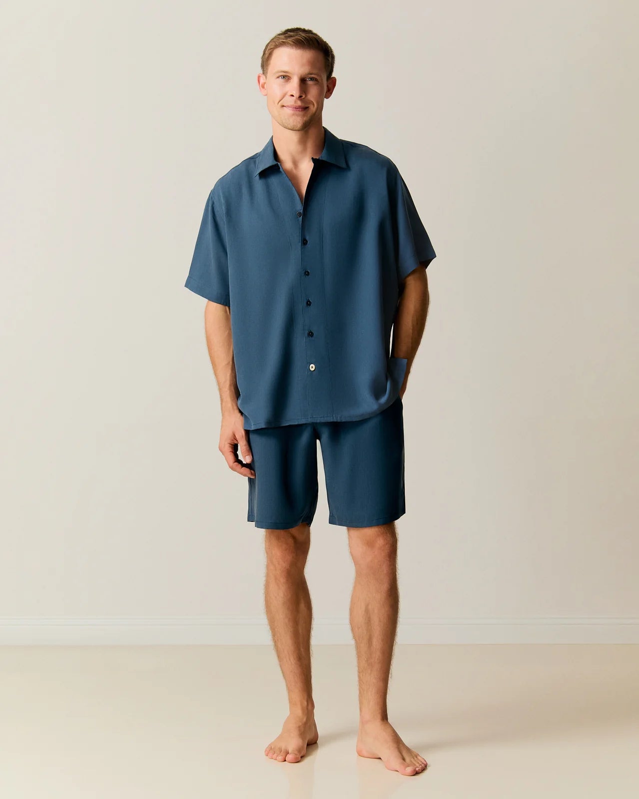 ★★ ★★ Men's Overfit Dark Blue Tencel Short Sl Short-sleeve TENCEL™ Lyocell Shirt With Point Collar For Men