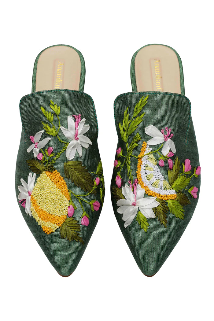 Citrus Blossom Hand-embroidery Flat Mules