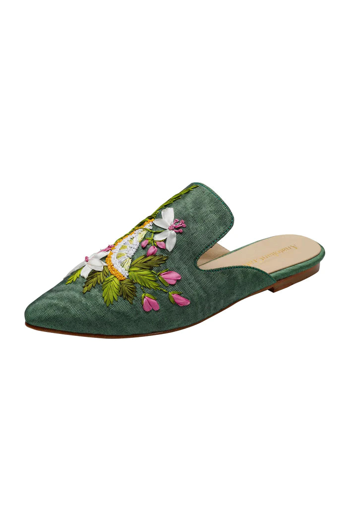 Citrus Blossom Hand-embroidery Flat Mules