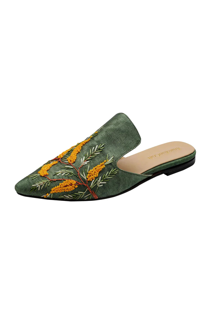 Mimosian Blossom Hand-embroidery Flat Mules