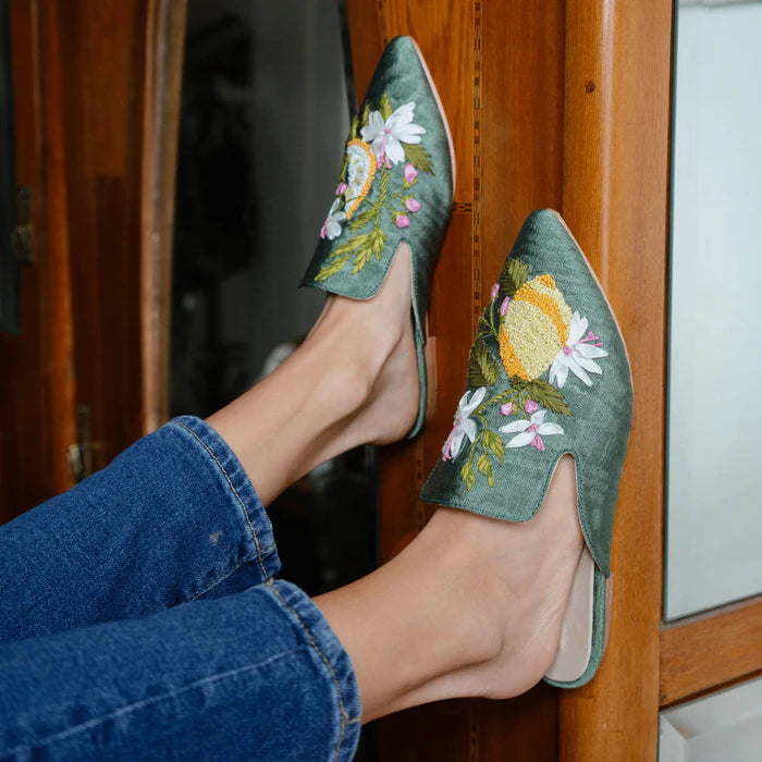 Citrus Blossom Hand-embroidery Flat Mules