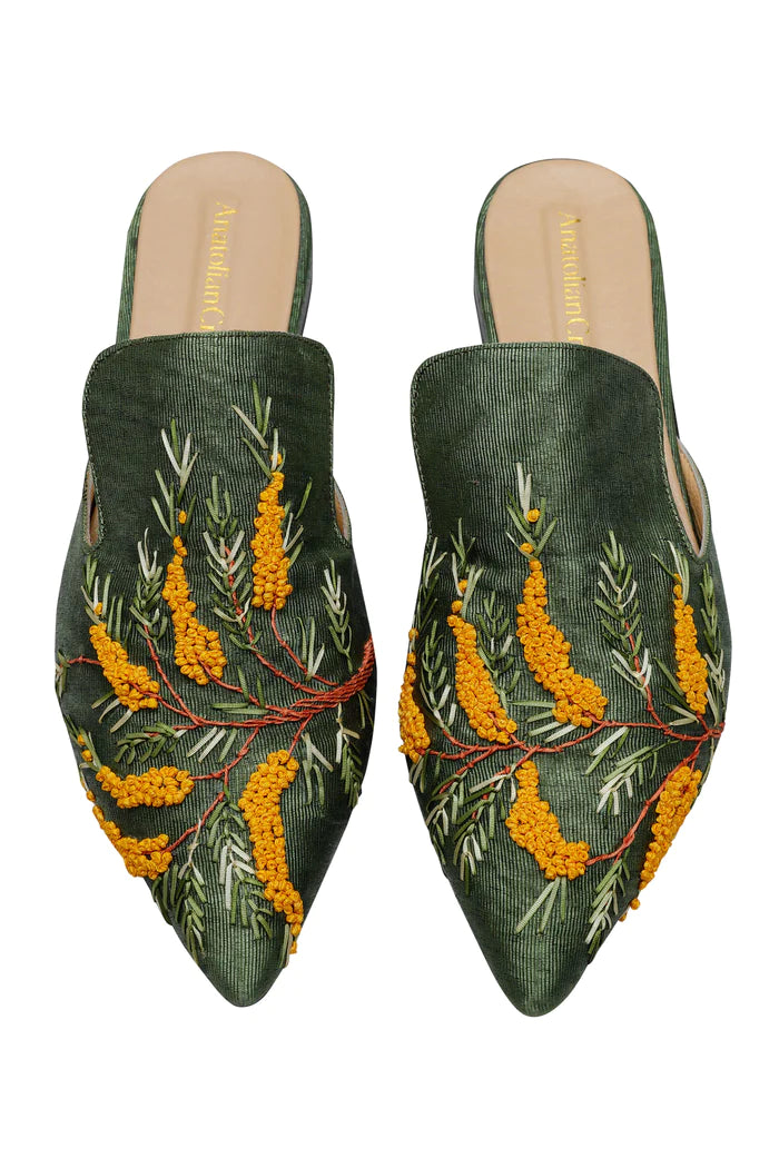 Mimosian Blossom Hand-embroidery Flat Mules