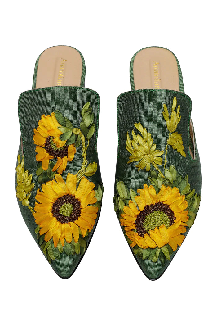 Sunflower Song Hand-embroidery Flat Mules