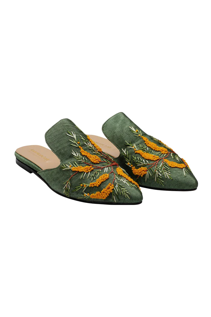 Mimosian Blossom Hand-embroidery Flat Mules